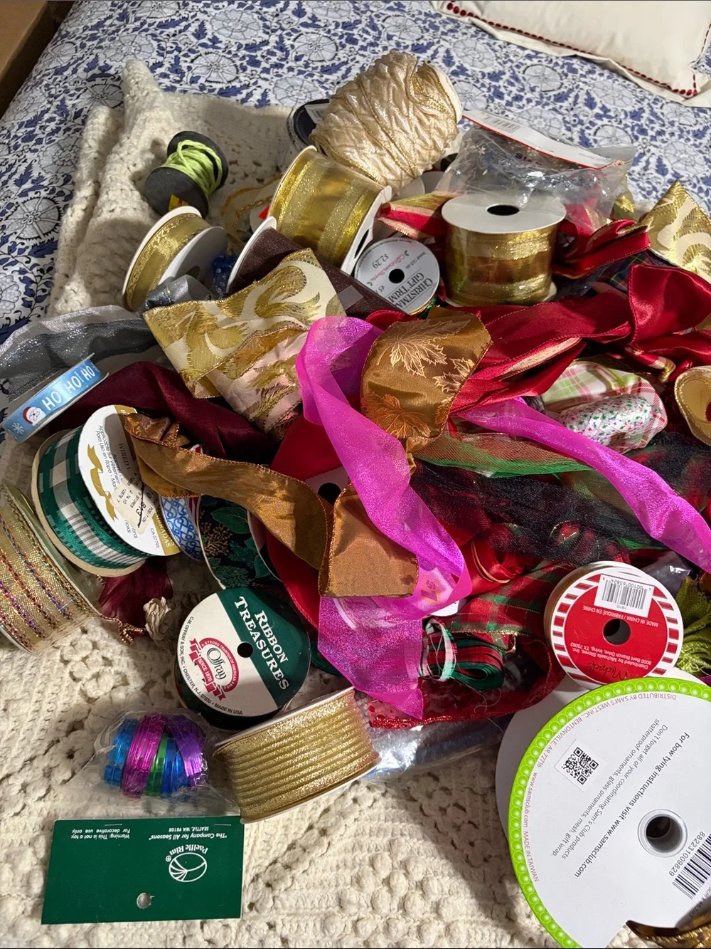 HUGE lot Assorted Pink, Holiday and Gold Decorative Party Ribbons -